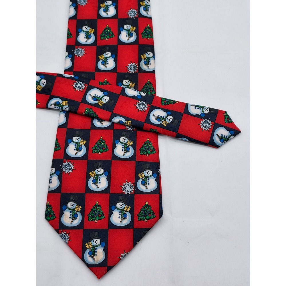 Hallmark Yule Tie‎ Greetings Mens Christmas Snowman Tree Red Navy Blue Silk Tie